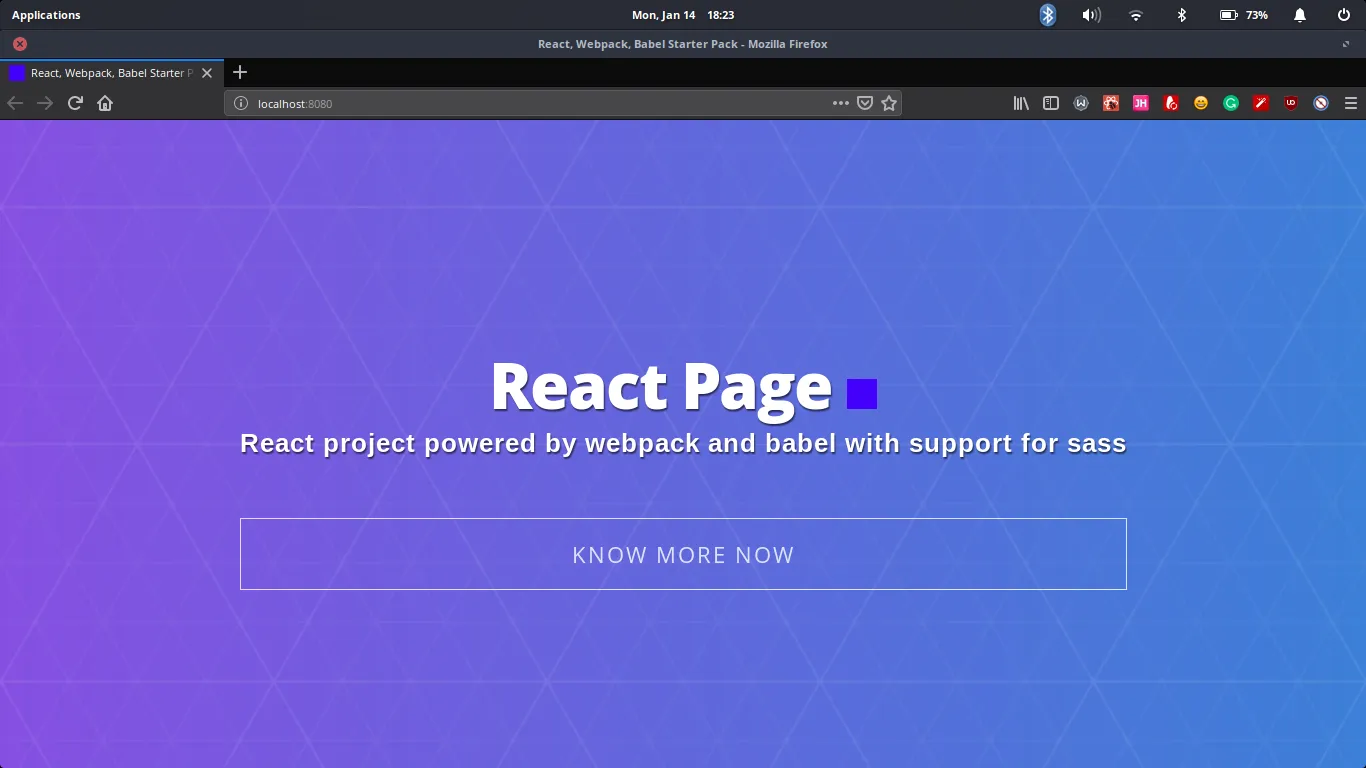 The finished page in the browser: a purple-to-blue gradient with the heading “React Page” and a “Know more now” button
